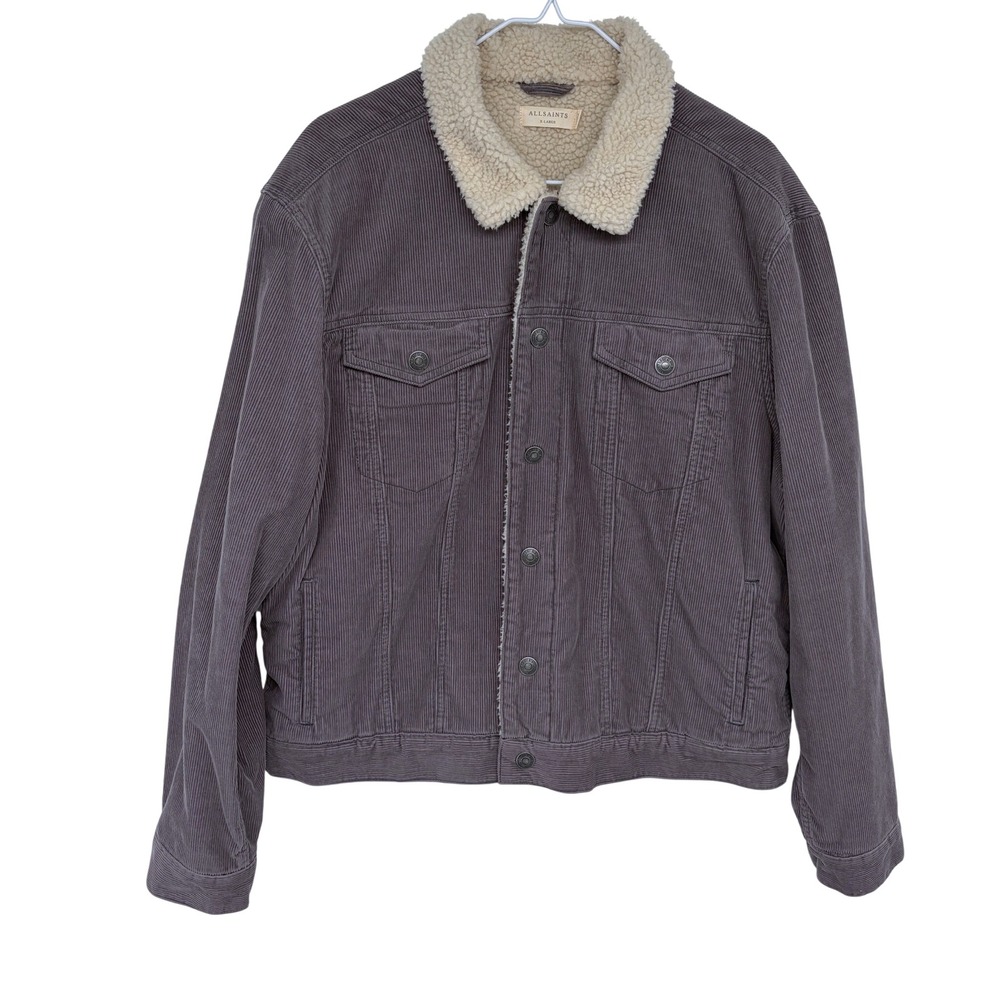 Gray All Saints Bate Corduroy Jacket XL‎ Faux Shearling Lined Trucker Sherpa Fur